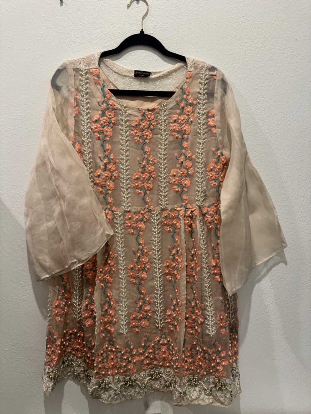 Embroidered Sheer Tunic with Coral Floral Work